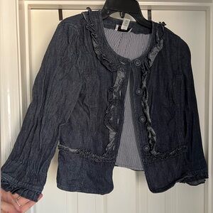 Loft Cotton Ruffle Quarter Sleeve Jean Jacket/Blazer